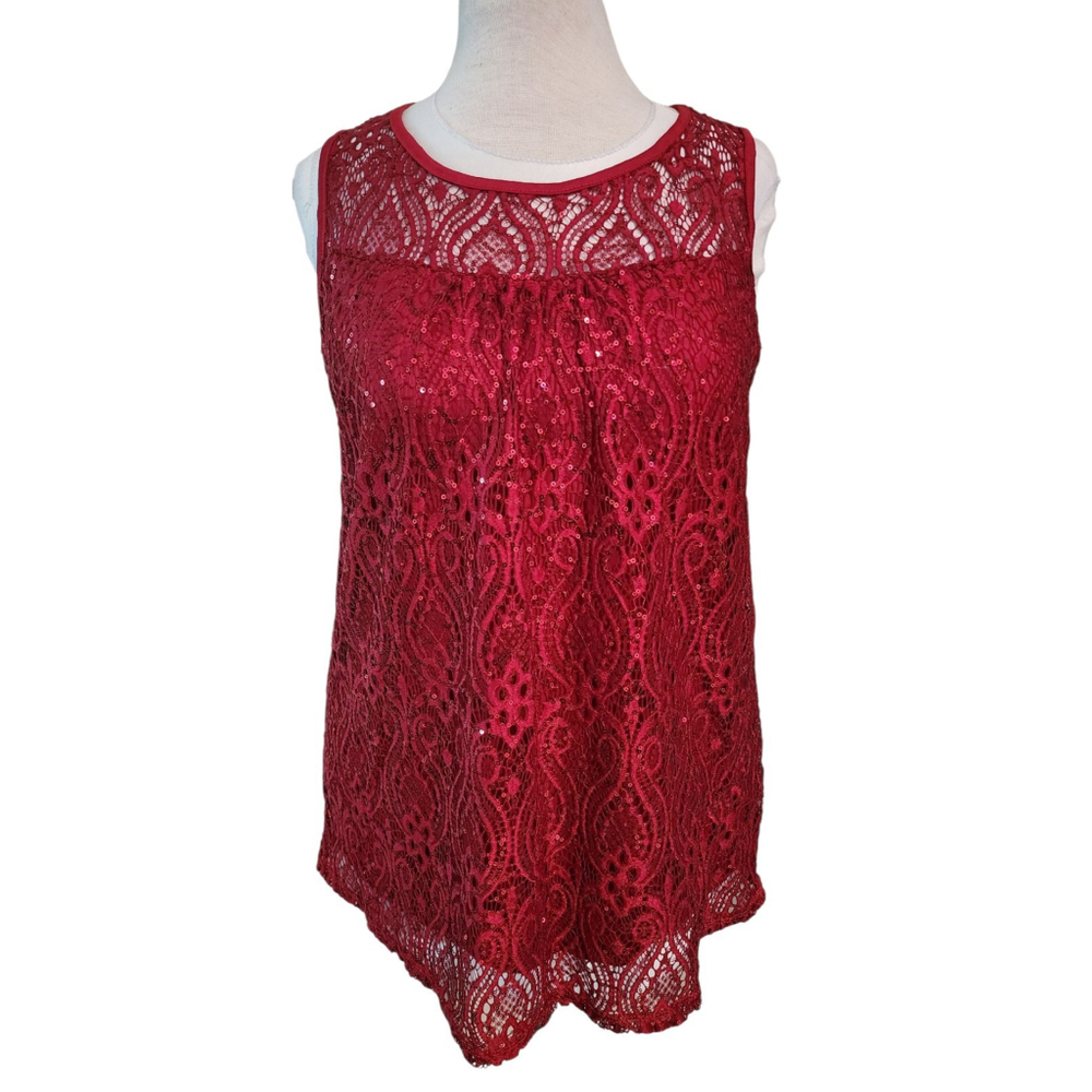 Eve & Maddie Candy Apple Red Lace & Sequin Sleeveless Lined Top Women's L